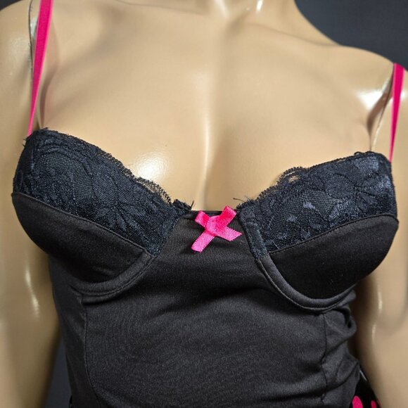 Y2K Rampage Babydoll Lingerie French Maid Mini Dress Size S Black Pink Polka Dot - Picture 2 of 11